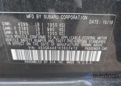 2019 Subaru Impreza 2.0I z USA, uszkodzony, nr VIN 4S3GKAA61K3607415